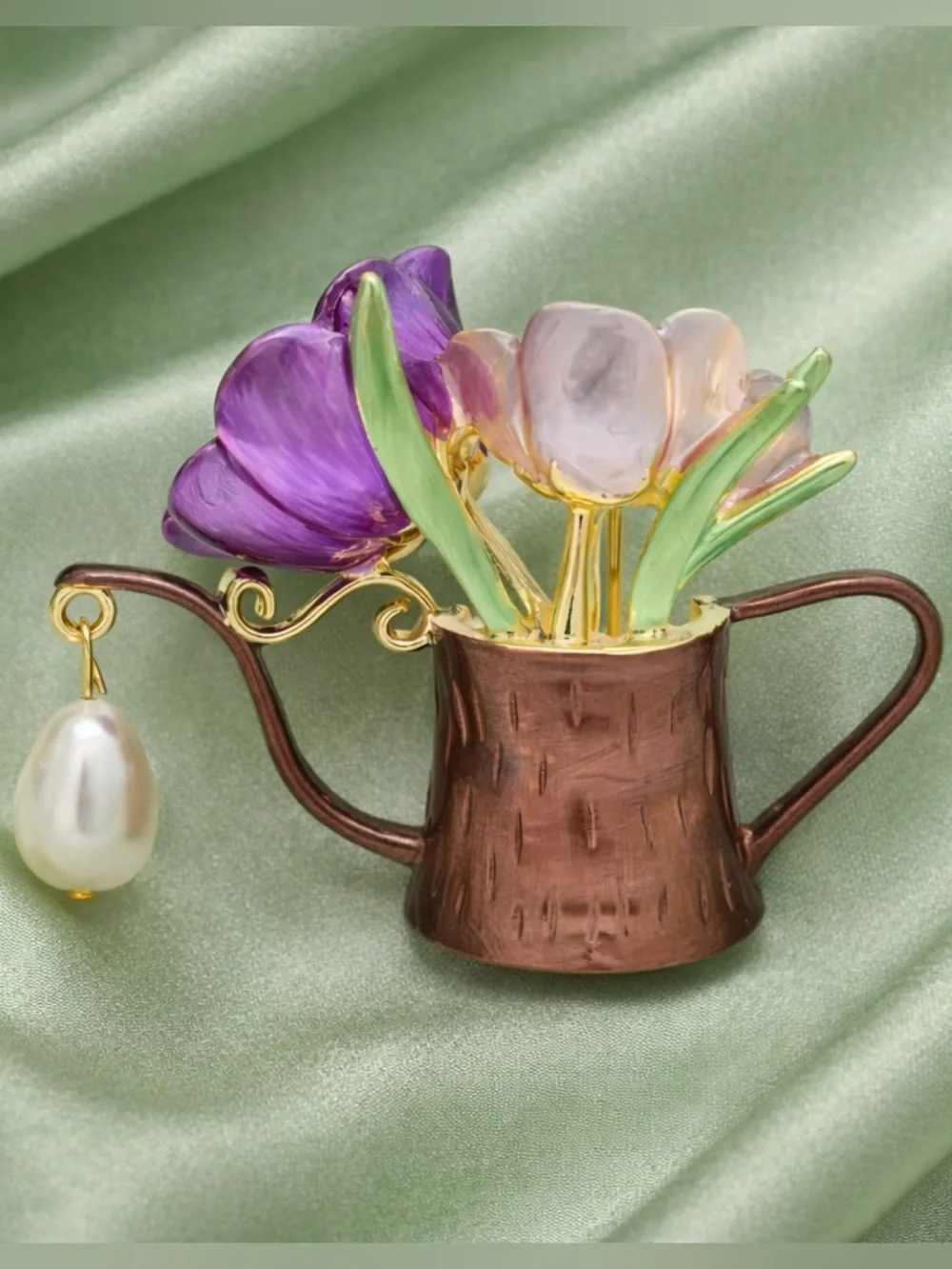 Floral Watering Can Gold Tulip Pearl Cute Chic Brooch